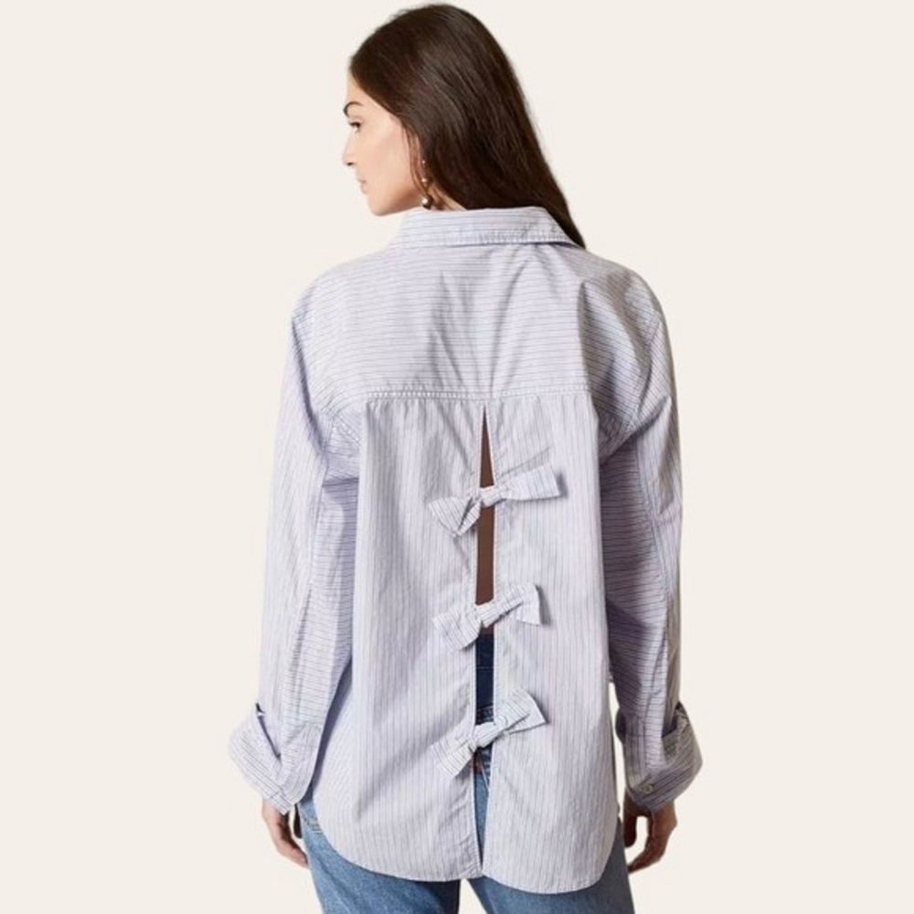 Free People Tie Back Bow Pinstripe Oversized Tunic Shirt Size M
